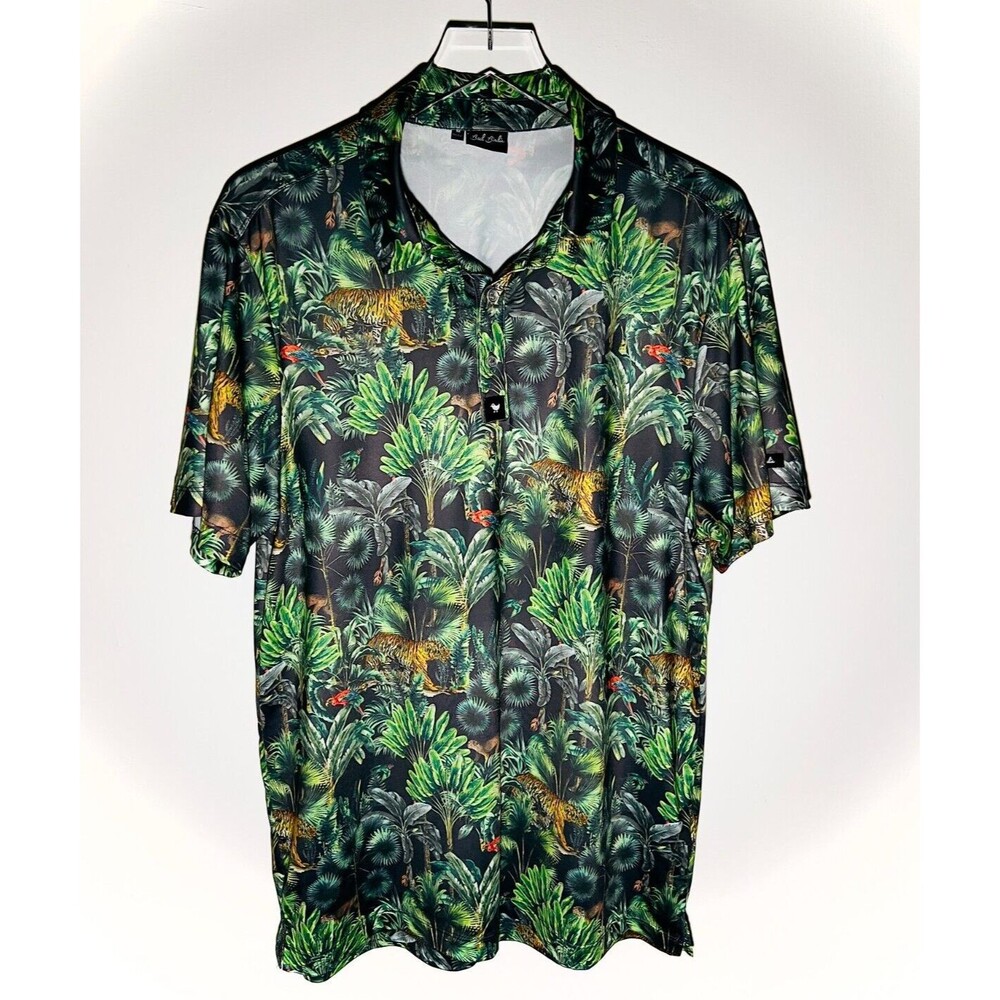 BAD BIRDIE Golf Athletic Stretch Polo Shirt, Tropical Print, Green [M]